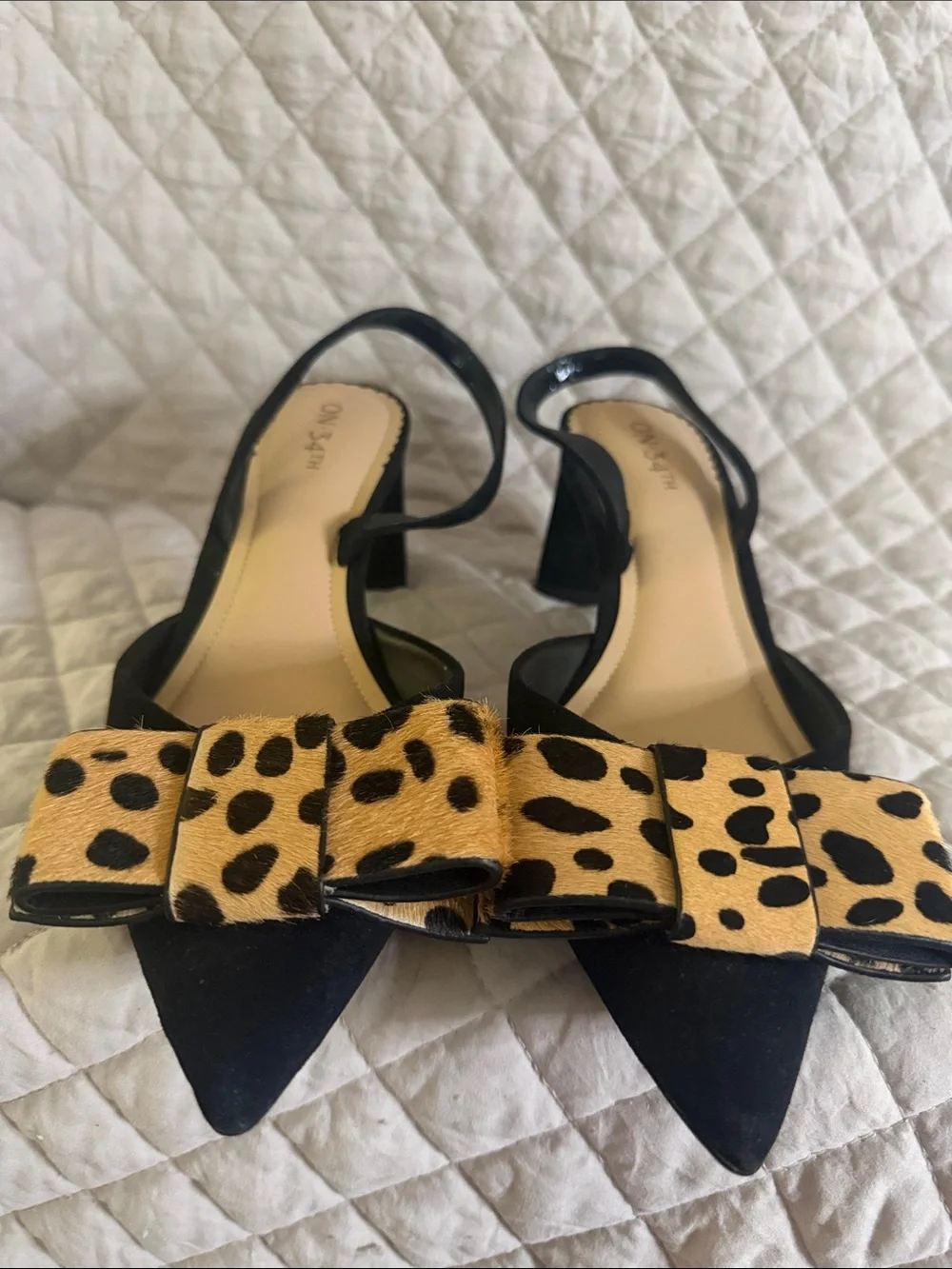 Black Pointed Slingback Heels with Leopard Bow Accent